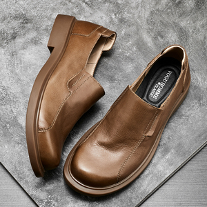 男士套脚皮鞋棕色时尚百搭休闲鞋子头层牛皮透气商务小皮鞋一脚蹬