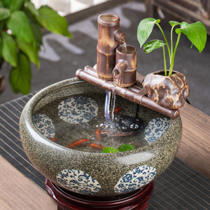 流水摆件鱼缸造景过滤器循环养鱼竹子水池中式复古微景观装饰家居