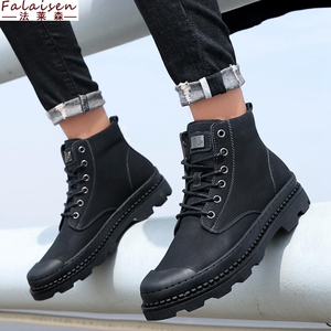 美式皮鞋男款真皮马丁靴高帮鞋街头中腰半筒皮靴年轻人骑行码丁靴