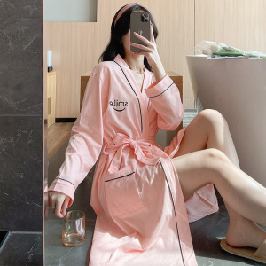 睡袍女春秋纯棉长袖2021年长款大码孕妇宽松睡裙睡衣浴袍粉色