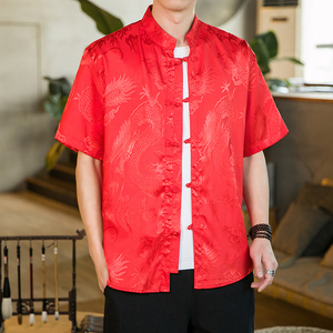 中国风男装龙纹印花唐装红色衬衫男士夏季薄款短袖绸缎感中山外套