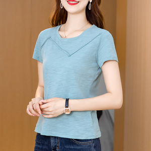 纯棉短袖t恤女2022年新款春夏装欧洲站竹节棉夏季短款打底衫上衣