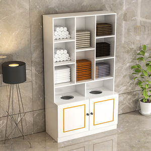 美发店木质毛巾柜搭配更衣柜美容院原木色理发店储物柜发廊毛巾架