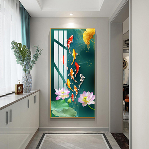 现代玄关入户正对门九鱼图装饰画招财九尾鱼荷花竖版走廊过道壁画