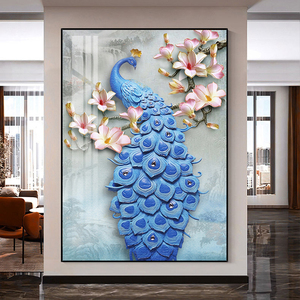 西墙入户正对大门玄关装饰画新中式孔雀花开富贵寓意好的壁画挂画