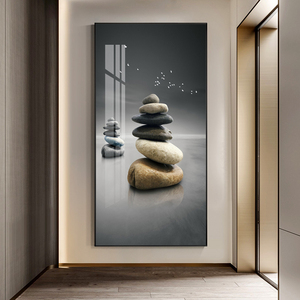 石头时来运转玄关装饰画现代简约竖版走廊过道京瓷画背景墙面挂画