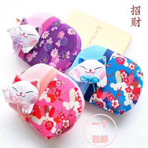 日本招财猫造型手包和风布艺可爱半圆海绵拉链女士钱包卡片化妆包