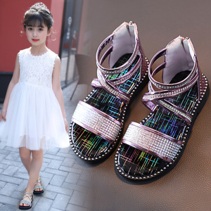 女童凉鞋2021夏时尚儿童小女孩宝宝中大童包脚交叉绑带罗马公主鞋