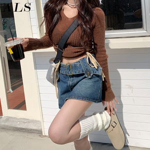 复古韩系千禧辣妹风宽腰带显瘦a字牛仔短裙女夏季高腰包臀半身裙
