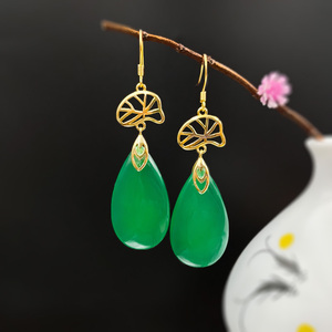 原创新款925纯银镶天然绿玉髓耳环女长款夸张气质饰品包邮2人付款189.