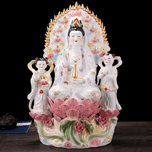 纯白南海观音菩萨佛像金童玉女观音居家供奉客厅摆件双童观世音