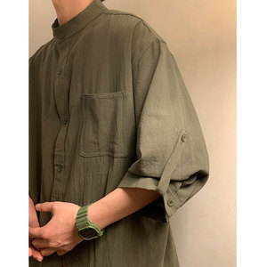 军绿色无领衬衫男纯棉新中式国风汉服唐装中山装外套七八分袖夏季