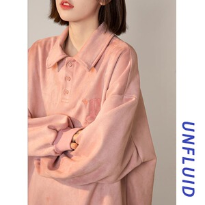 脏粉色卫衣女春秋麂皮绒polo领无帽美式复古重磅外套情侣装roora