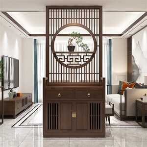 新中式实木入户屏风隔断客厅家用收纳柜花格遮挡玄关柜鞋柜一体