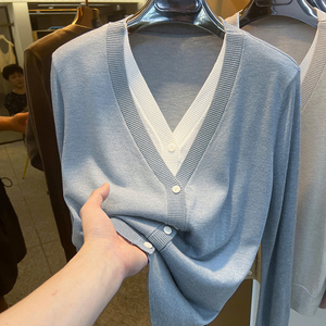 V领撞色假两件蓝色针织开衫女秋季2024春装新款羊毛毛衣外套上衣