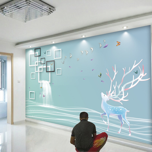 北欧麋鹿电视背景墙壁纸2024现代简约墙纸大气客厅沙发影视壁画布