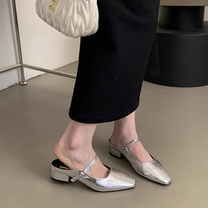包头凉鞋女夏季外穿法式半拖鞋银色3公分小跟单鞋玛丽珍穆勒凉拖
