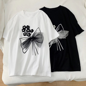 golly 2022新款夏装 圆领宽松 立体花朵短袖t恤女