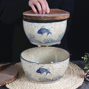 复古陶瓷汤盆大号猪油储物容器带盖米缸耐高温加厚大碗小号和面盆