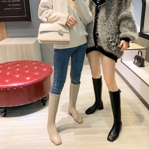 中筒靴女冬季加绒卡其色显瘦不过膝长靴女2020年新款长筒靴子粗跟