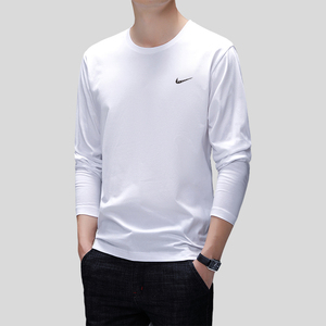 新款耐克顿男士长袖t恤纯棉白色圆领薄款休闲潮流宽松百搭打底衫