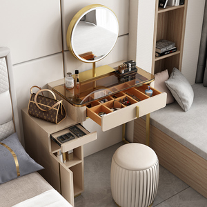 梳妆台收纳柜一体后现代卧室单人床头柜桌意式透明玻璃迷你化妆台