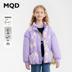 MQD童装女大童立领花卉图案甜美羽绒服23冬可拆卸袖子多穿外套新