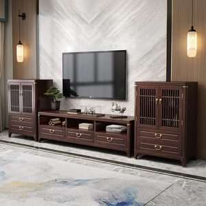 祥图新中式实木电视柜组合紫金檀木红木客厅配套家具落地储物柜子