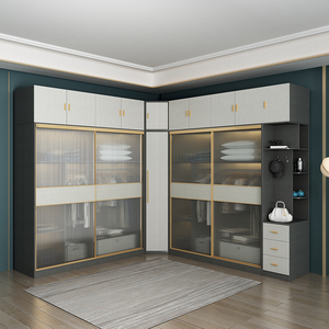 北欧轻奢推拉玻璃门l型转角衣柜组合家用卧室拐角柜子梳妆台一体