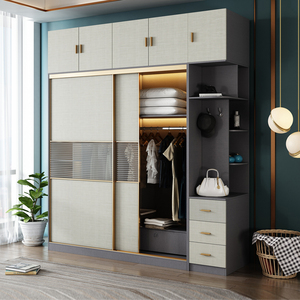 北欧轻奢风玻璃门推拉门衣柜家用卧室现代简约实木质布纹储物柜子