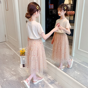 女孩2023夏装纱裙套装韩版时尚中大童时髦女孩洋气半身裙两件套