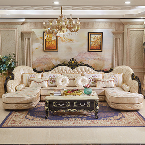 欧式u型真皮沙发 实木黑檀皮布结合客厅大户型整装双贵妃轻奢沙发