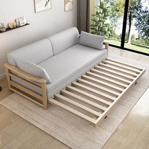 白蜡木沙发床两用可折叠双人客厅小户型多功能推拉坐卧实木沙发床