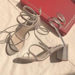 rc凉鞋女水钻仙女风2022新款真皮粗跟中跟一字带蛇形缠绕罗马凉拖