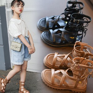 凉鞋2022夏儿童时尚洋气罗马凉靴女孩软底高筒绑带罗马鞋果果红