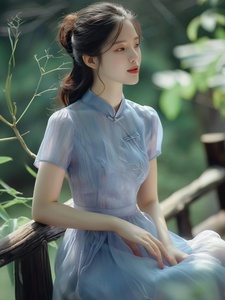 新中式轻国风蓝色假两件旗袍改良版连衣裙2024夏新款复古气质长裙