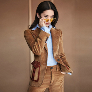 明星刘亦菲同款灯芯绒西装套装女春秋复古时尚气质休闲西服两件套