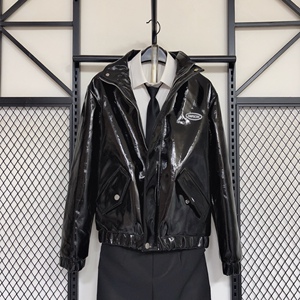 冬季夹克男炸街亮面外套男精神小伙漆皮外衣网红款潮流紧身皮夹克