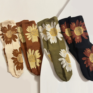 文艺立体大花植绒提花复古橘红绿色花卉女生韩国冬季堆堆中筒袜子