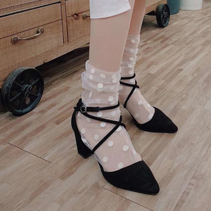 韩系复古波点弹力透气网纱袜薄款透肉圆点女士中筒堆堆袜凉鞋袜子