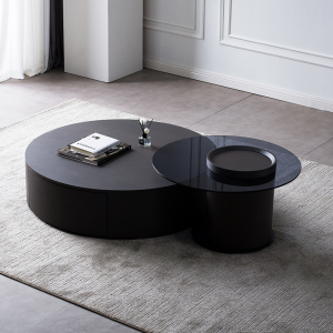 黑色圆形茶几大小户型组合电视柜现代简约意式极简客厅钢化玻璃