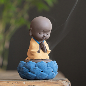 精品紫砂小和尚摆件创意家居客厅装饰品禅意可爱小沙弥盘香炉家用