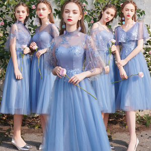 蓝色伴娘服中长款2020新款秋季姐妹团伴娘裙显瘦遮手臂韩版礼服裙