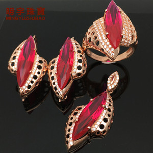 明宇珠宝真品纯俄罗斯585紫金14k玫瑰金新品豪华红宝石精美套装女