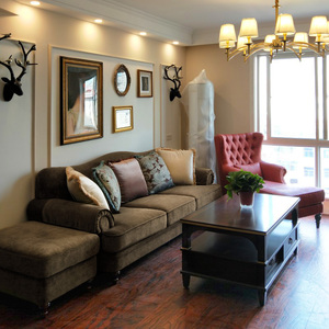 美式沙发布艺乡村复古风格咖啡棕色丝绒小户型简约三人位转角组合
