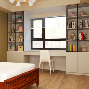 儿童学生实木书柜书橱带门玻璃门书架落地简约家用书房书桌定制