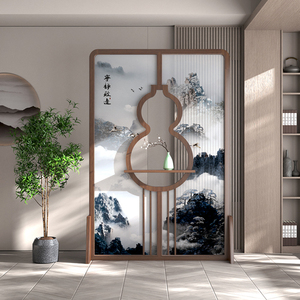 新中式屏风隔断入户玄关客厅酒店茶室葫芦镂空装饰定制实木座屏