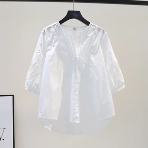 白色纯棉衬衫女2024夏季新款法式复古文艺范简约气质半袖衬衣上衣