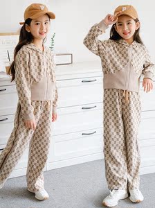 韩国女童时尚印花连帽卫衣阔腿裤套装春装洋气欧美风中大童两件套