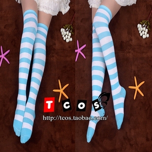 TCOS 粉白绿白黄白蓝白 黑白条纹袜 彩色百搭长筒袜cos袜子
